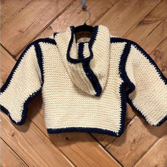 Hand Knit Kids Cream and Blue Sweater - Picture 2 of 6